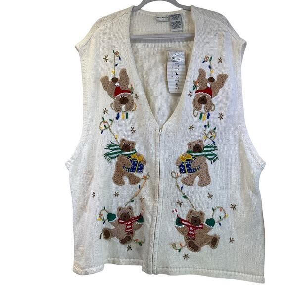White Stage Womens 26/28W White Embroidery Vest Teddy Bear Christmas Zipper - Picture 1 of 13